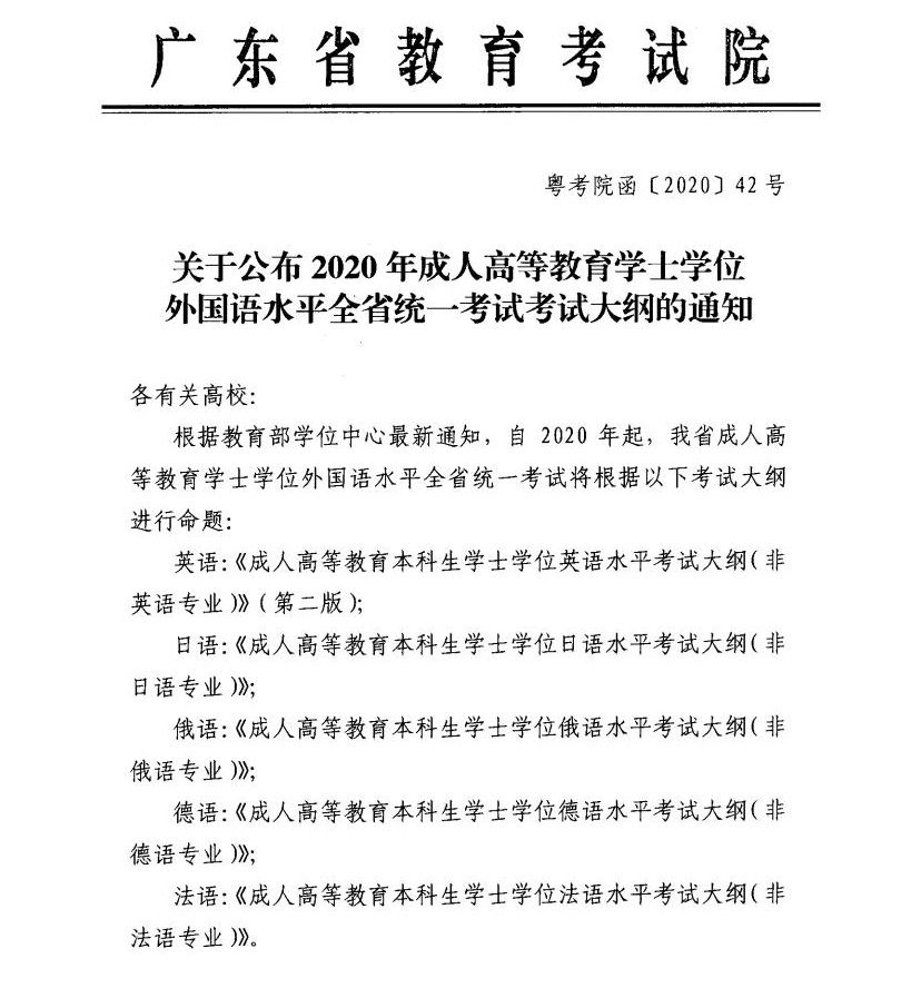 ​关于公布2020年成人高等教育学士学位外国语水平全省统一考试考试大纲的通知